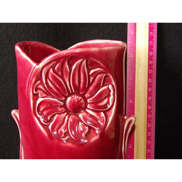 Red Ceramic Flower Design Home Decor Vase 1940's - Picture 2 of 7